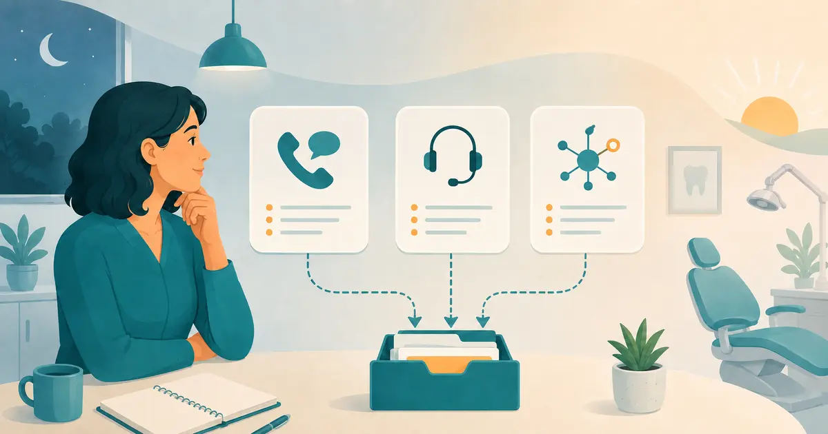 Practice owner compares voicemail, live operator, and AI call coverage as each option leads to an organized front-desk handoff.