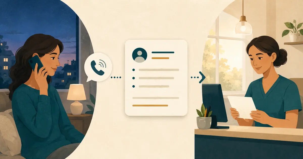 After-hours dental caller request becomes an organized front-desk card ready for review when the office opens.