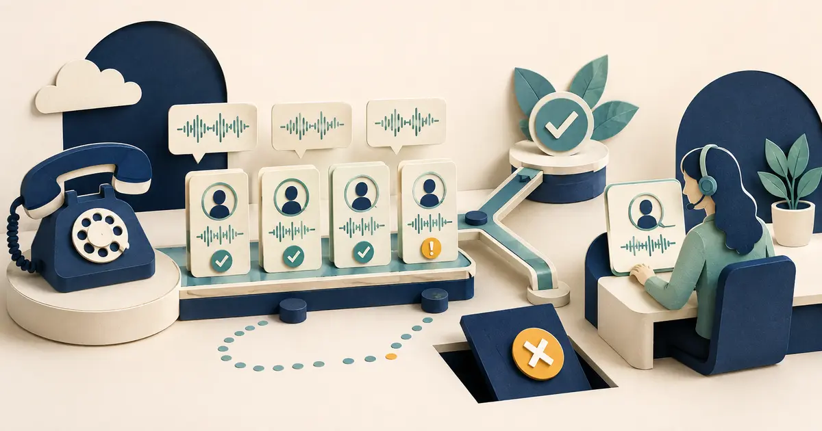 Dental office manager reviews a grid of realistic AI call tests covering facts, corrections, handoffs, prohibited decisions, and recovery paths.