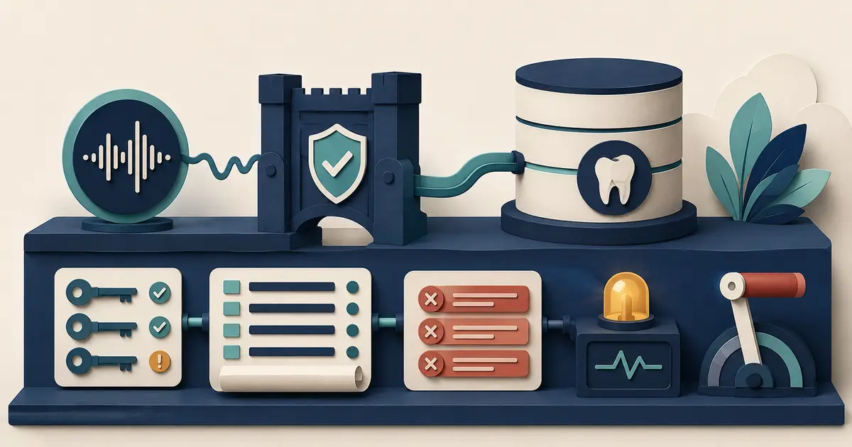 Front desk team verifies an Open Dental integration through approved API access, scoped permissions, test transactions, error handling, audit evidence, and revocation.