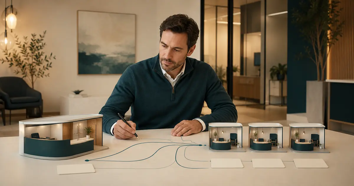 Future owner compares one-office and multi-location AI answering plans across routing, approved facts, handoffs, access, cost, and rollout stages.
