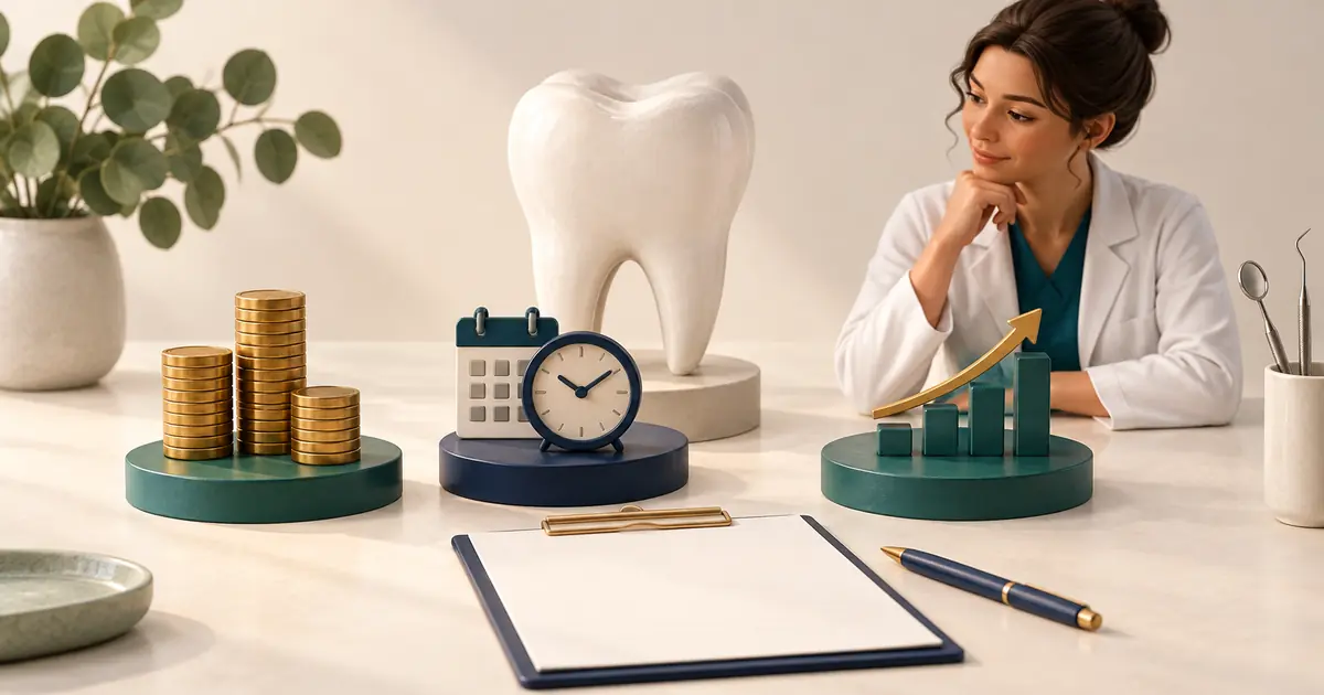 Three balanced groups of tokens beside a dental model and an unmarked contract.