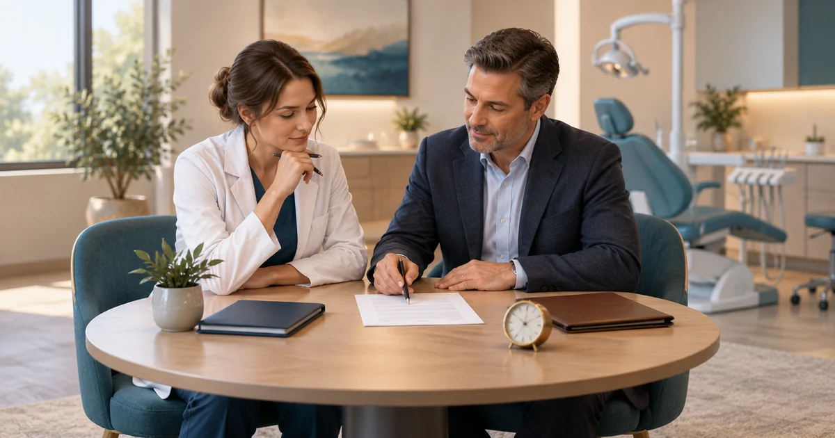 A dentist and practice owner review an agreement beside a clock and closed folders.
