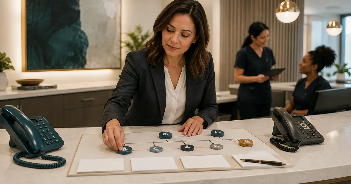 Dental office manager assigns primary, backup, overflow, after-hours, and outage call roles with activation and handoff checkpoints.
