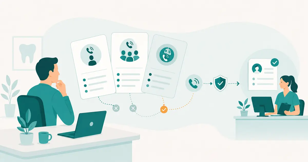 Dental practice owner compares three AI call-answering options before an approved path creates a clear front-desk request.