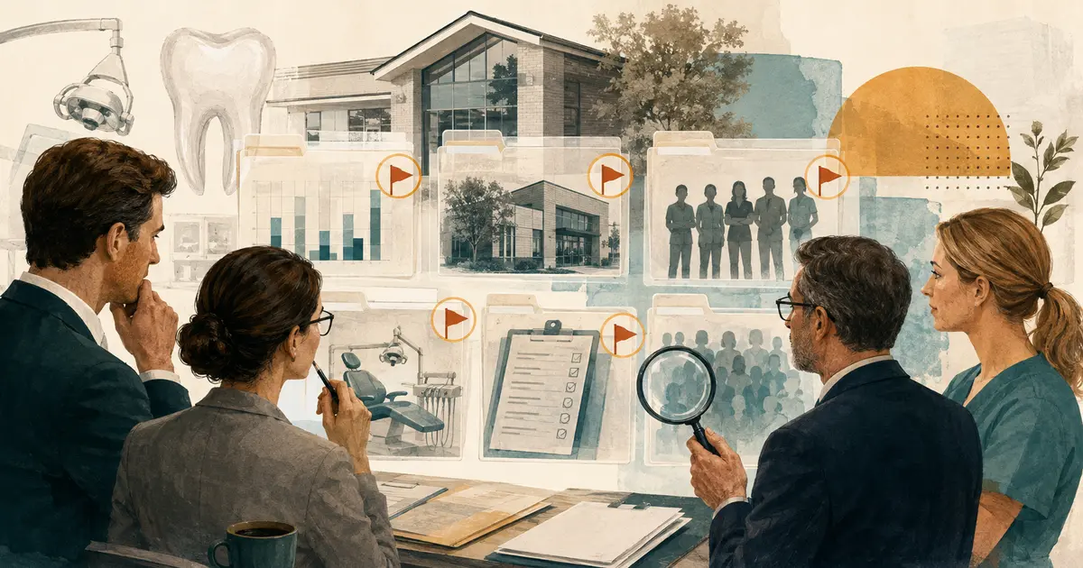 Dental practice buyer and advisory team review financial, legal, clinical, staffing, facility, technology, and transition documents in a secure data room.