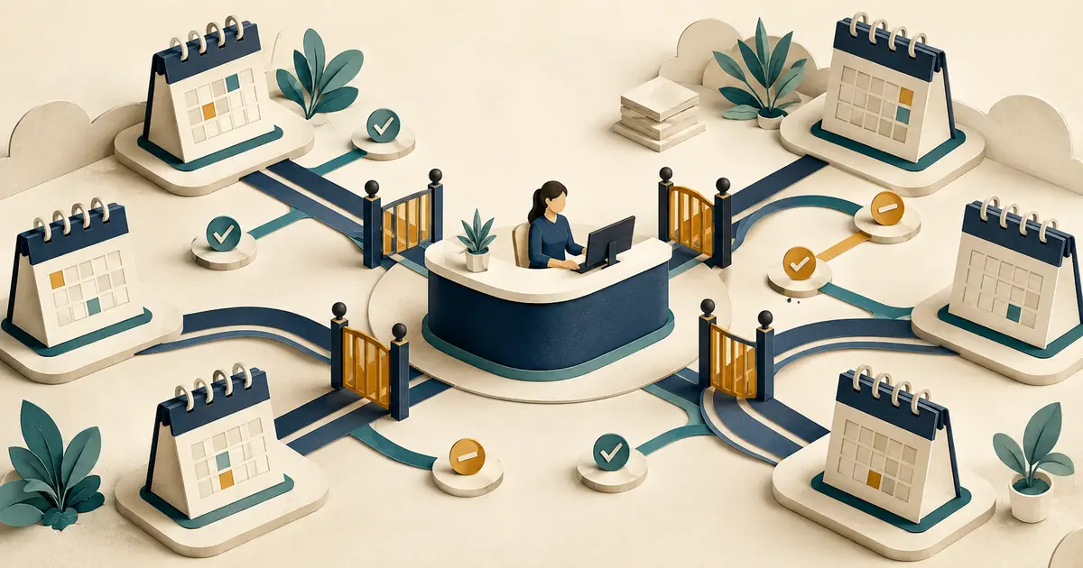 Dental group manager maps centralized scheduling authority across locations, appointment states, approved rules, exceptions, local review, access, and audit checks.