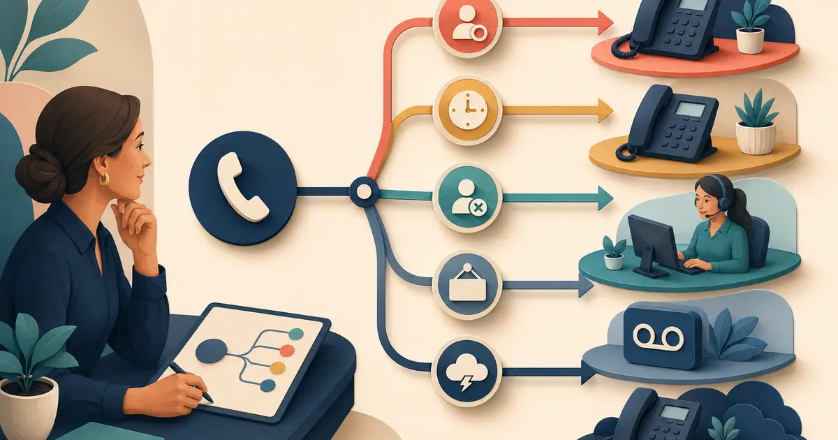 Future dental practice owner maps busy, no-answer, unavailable, closed-office, and outage call states to distinct forwarding destinations.