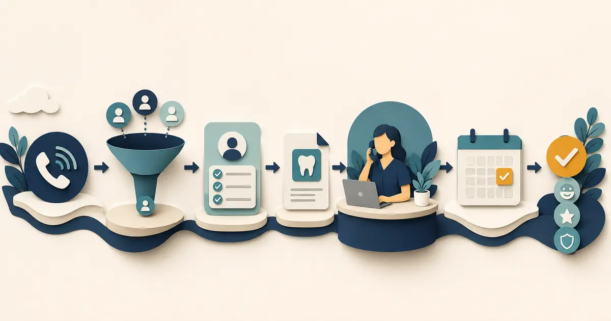 Dental office manager maps an eligible inquiry through needs discovery, request capture, staff review, offered time, confirmation, and completed follow-up.