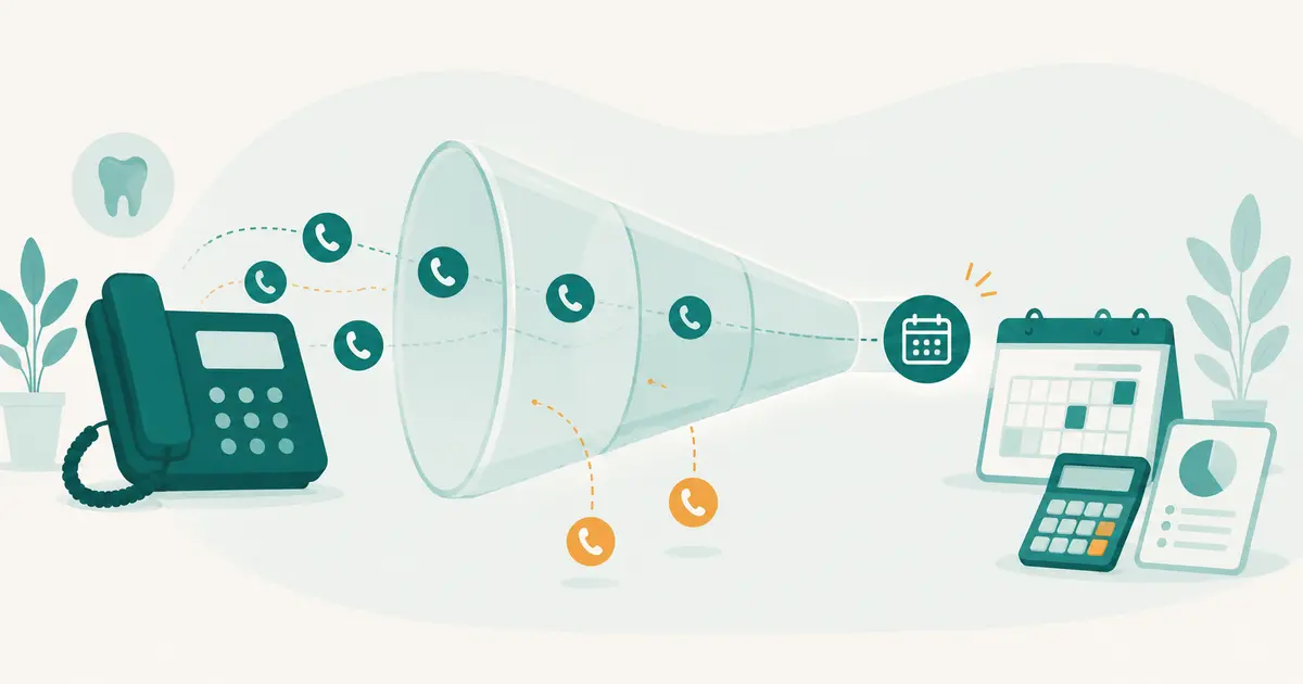 Illustration of dental calls moving through an opportunity funnel toward a calendar and practice worksheet.