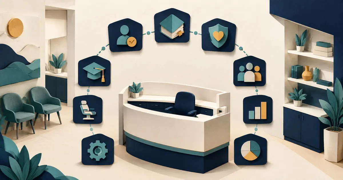 Future practice owner builds a receptionist hiring budget from recruiting, compensation, payroll, benefits, equipment, training, supervision, absence coverage, and timing blocks.