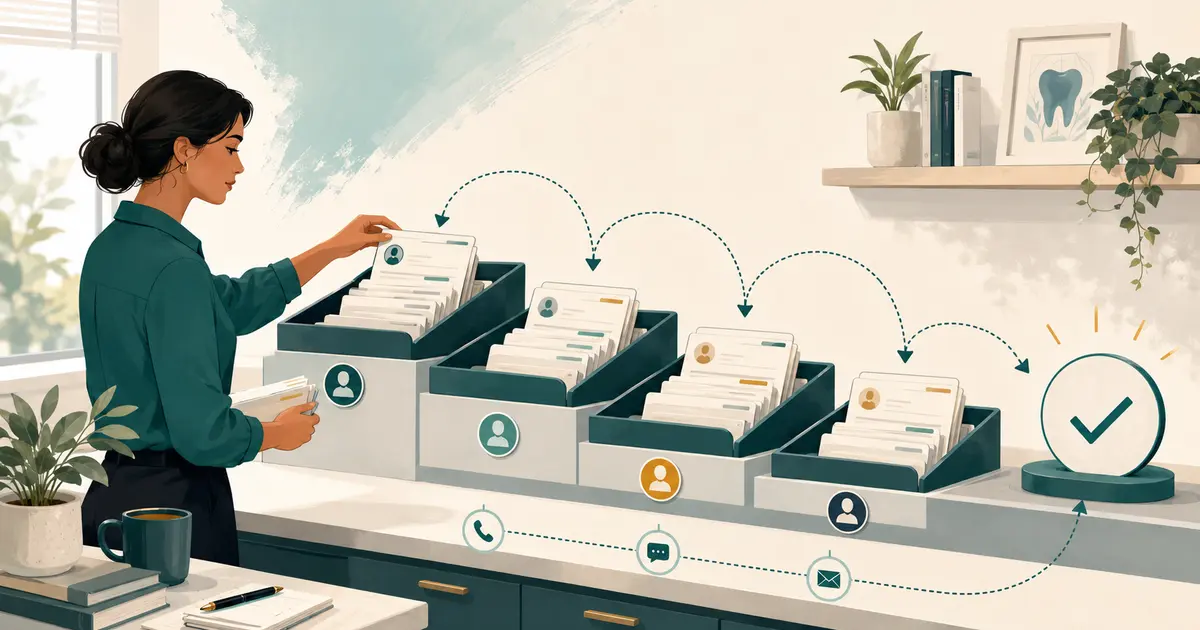 Dental office manager organizes account balances by age, payer status, dispute, owner, and next action on a review board.