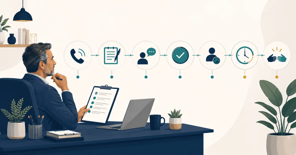 Dental practice owner reviews a completed after-call checklist with note, reason, outcome, owner, deadline, and handoff.