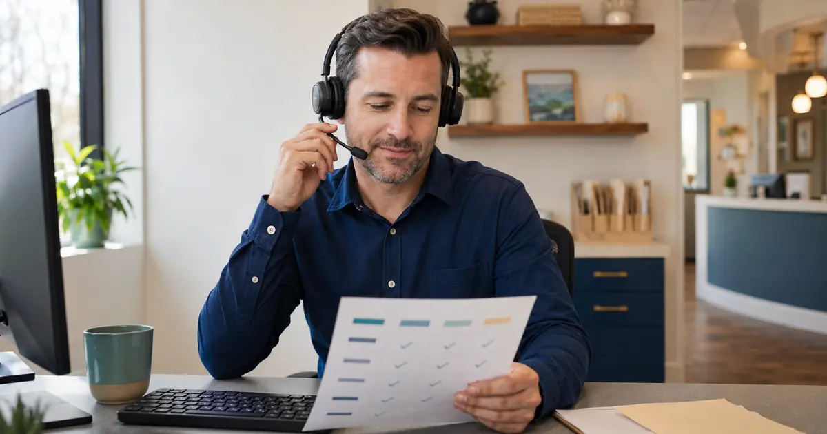 Dental practice owner listens to a test call while comparing factual accuracy, safe boundaries, caller experience, and front desk handoff results.