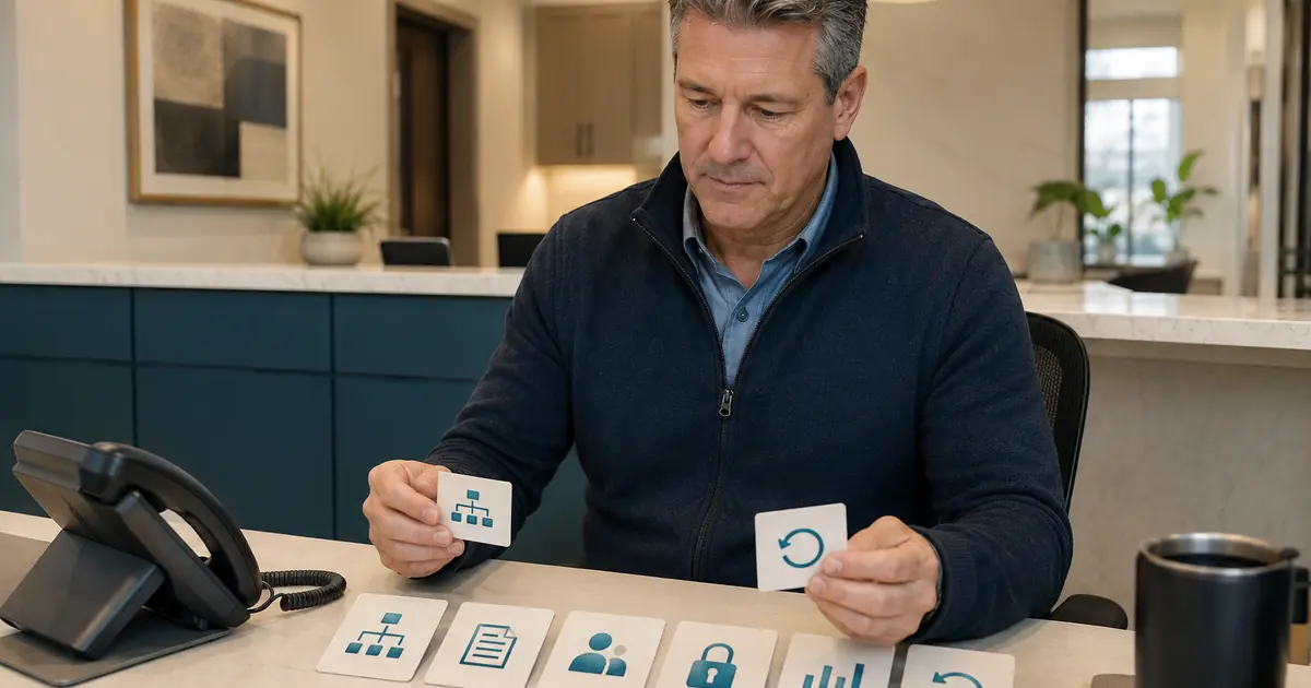 Dental office manager leads a staged AI receptionist rollout from approved facts and test calls through staff training, monitoring, and rollback.