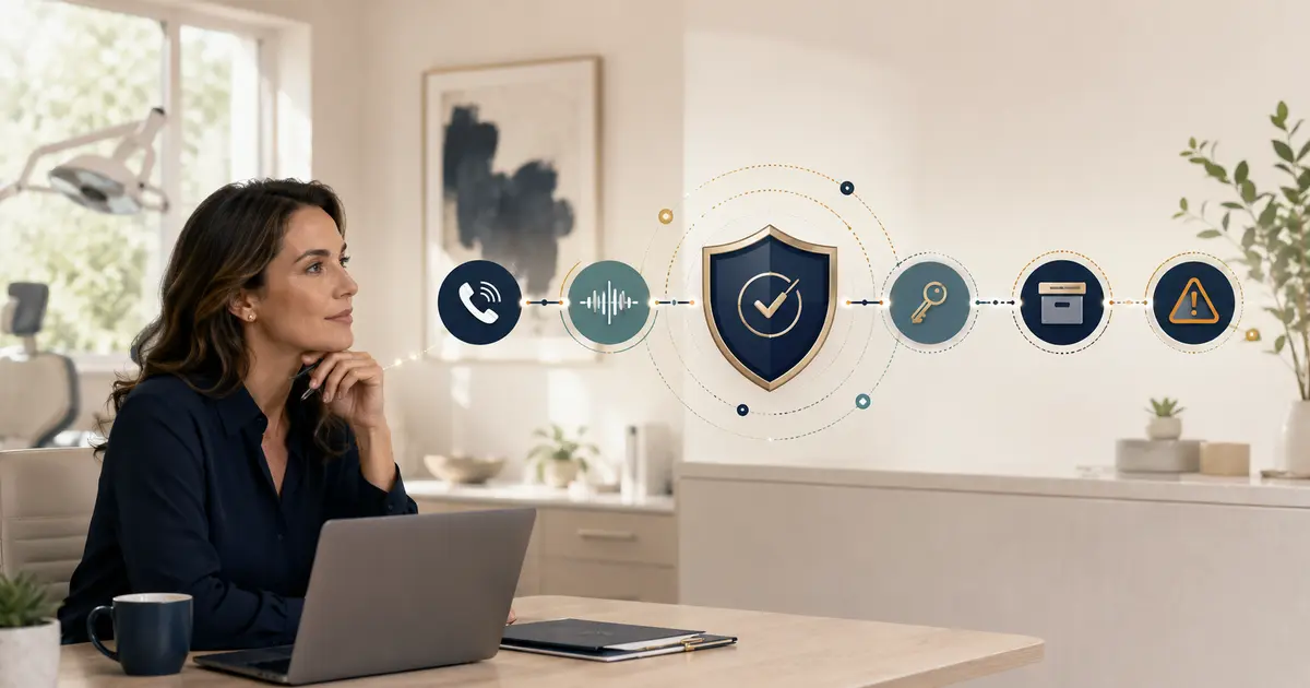 Dental practice owner reviews a protected call-data flow with access, retention, vendor, and incident-response checkpoints.