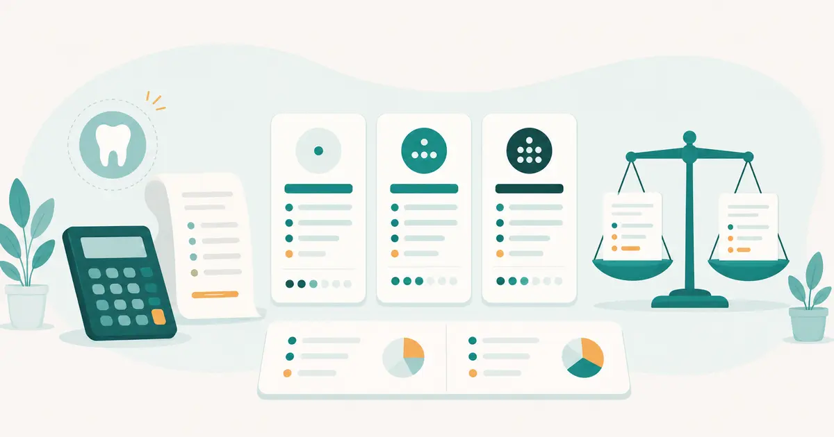 Illustration of dental answering service plans, a calculator, receipts, and a balanced quote comparison.