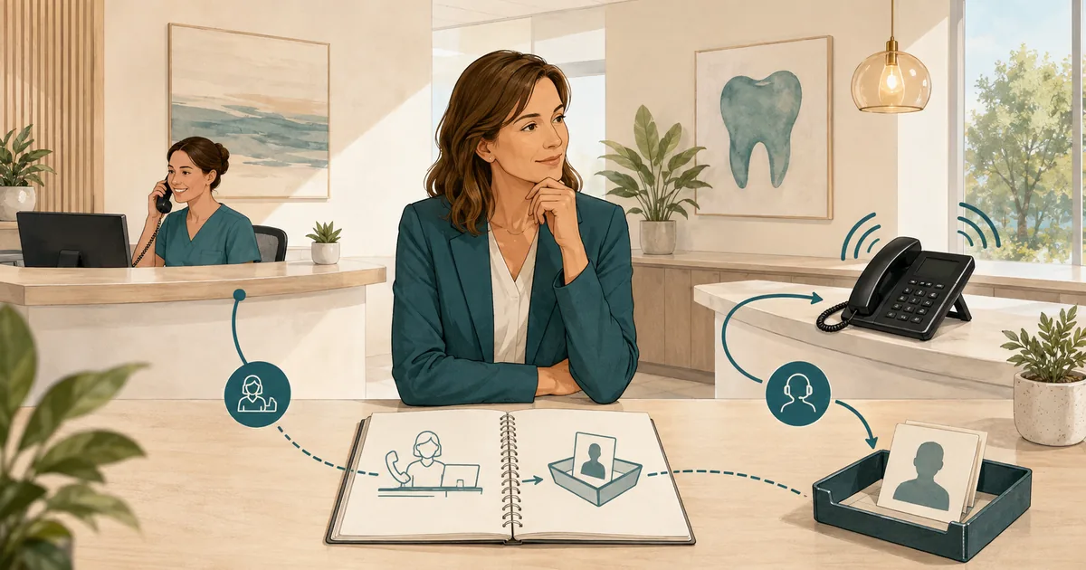 Dental practice owner compares in-house front-desk coverage with an organized answering-service request handoff.