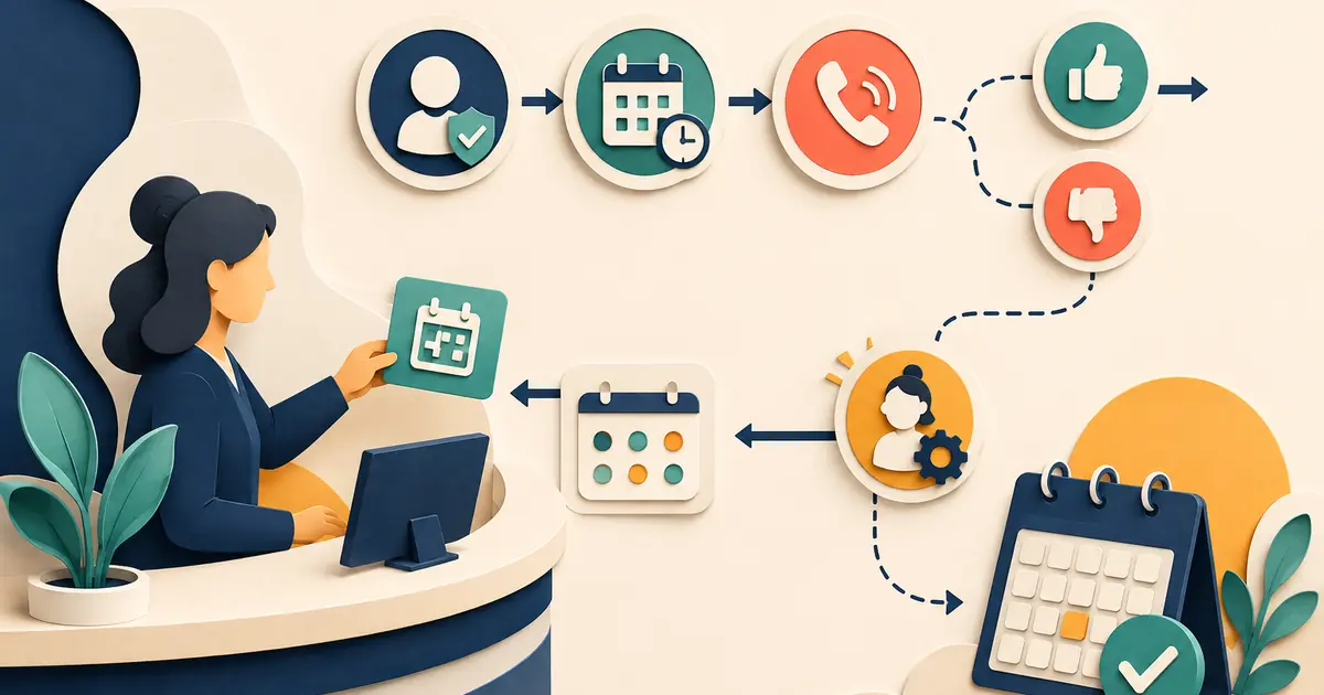 Dental front desk professional follows a confirmation workflow for identity, date and time, response status, requested changes, and assigned follow-up.