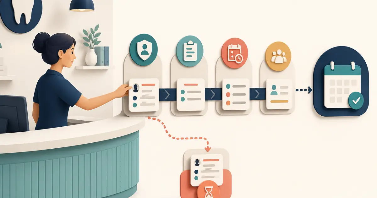 Dental receptionist moves a caller's appointment request through identity, minimum intake, availability review, confirmation, and documented handoff.
