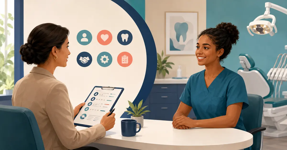 Dental office manager evaluates a candidate's responses with a job-based interview scorecard and practical exercise.