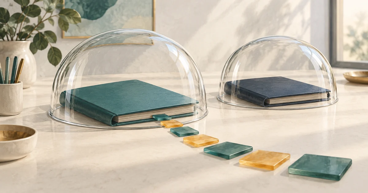 Two protective translucent domes over separate professional folders, one with a trailing sequence of small tiles.