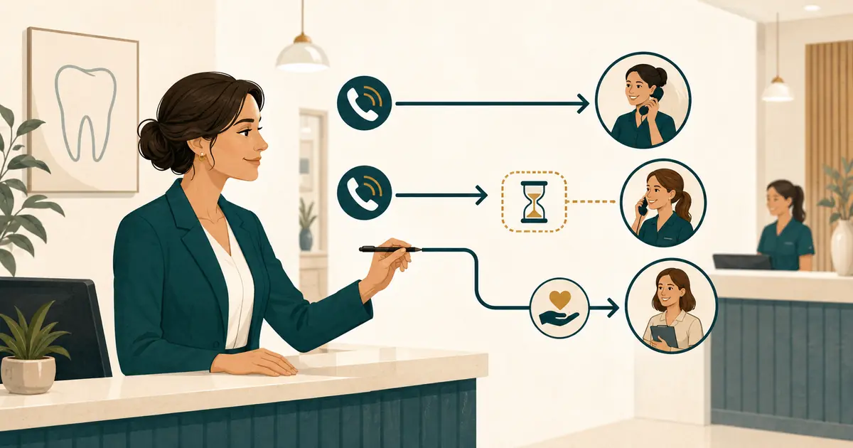 Dental office manager maps a busy incoming call to answer, brief hold, callback, and coverage paths for the front desk.