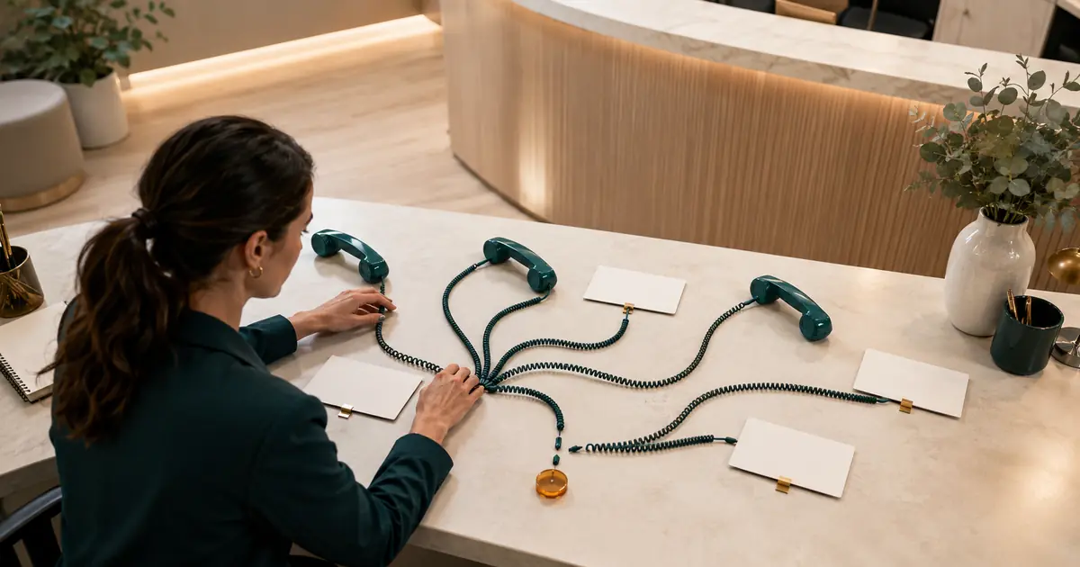 Dental office manager maps after-hours, busy-line, no-answer overflow, voicemail, destination failure, and rollback routes on a phone plan.
