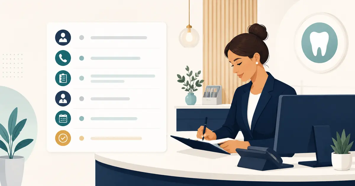 Dental front desk employee completes a concise call note with identity, stated request, facts, owner, next action, and outcome fields.