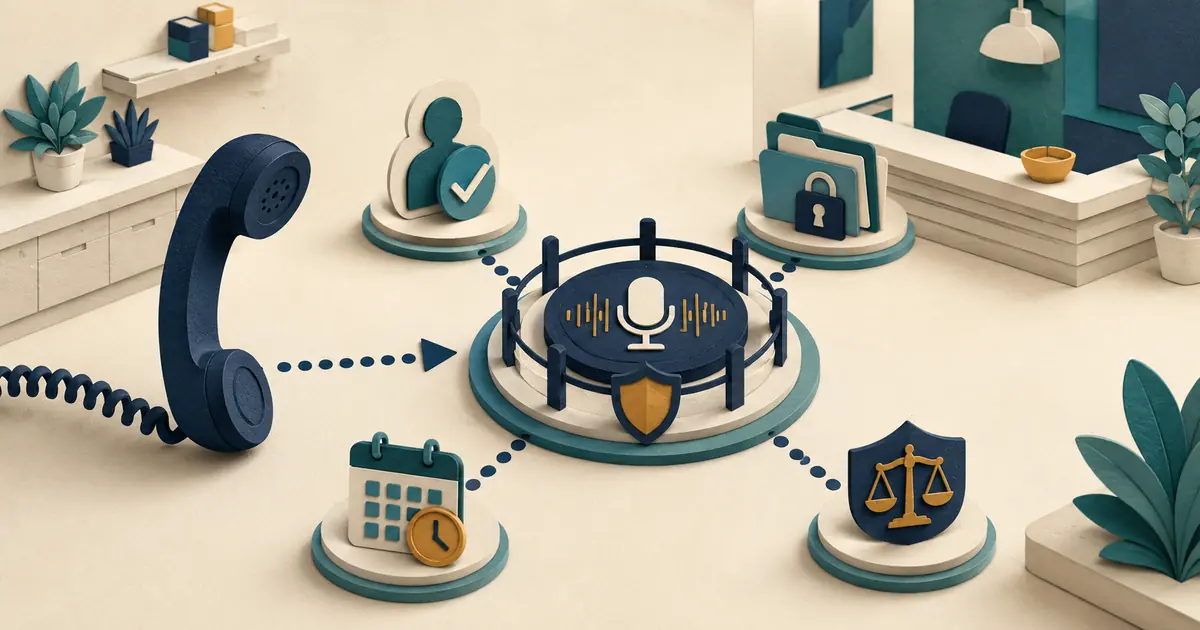 Front desk employee pauses a call recording workflow to verify jurisdiction, approved notice, caller choice, access limits, retention, and legal review.