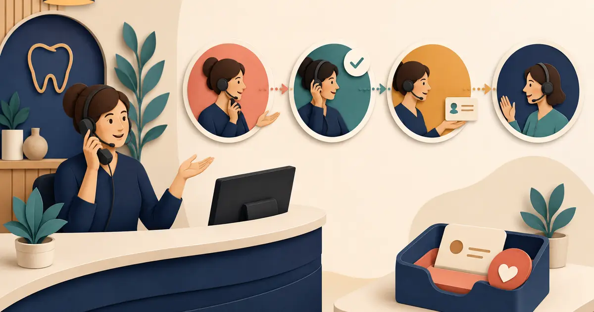Dental receptionist completes a warm transfer by explaining the handoff, confirming the destination, sharing minimal context, and checking success.