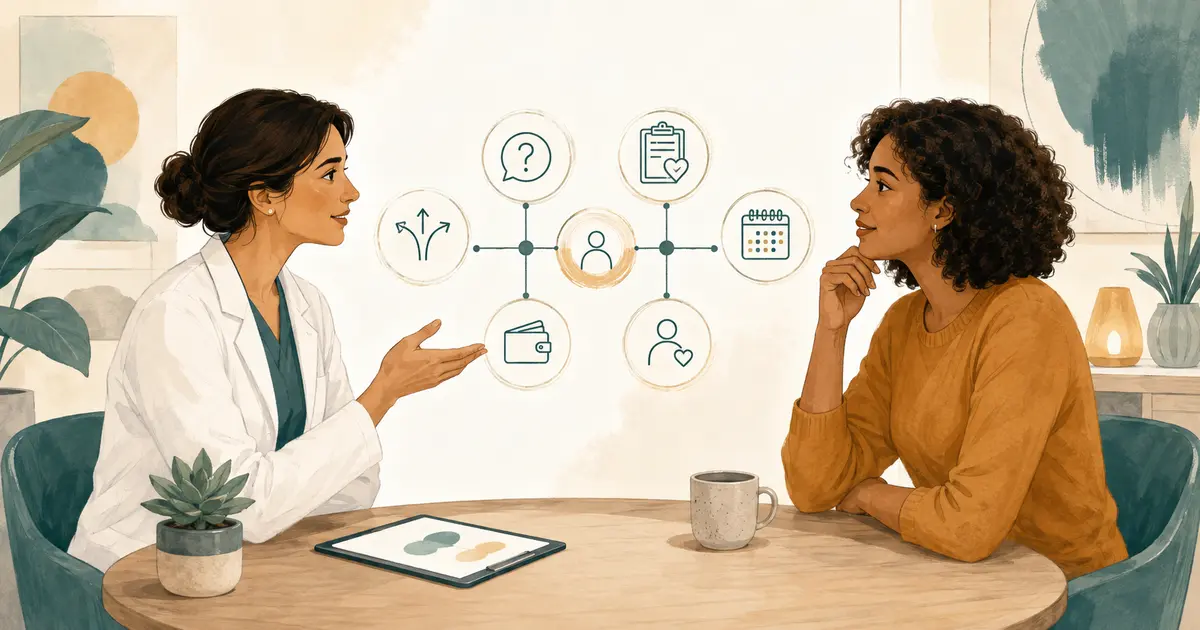 Dentist and patient review a plain-language treatment summary while a coordinator prepares transparent estimates and next steps.
