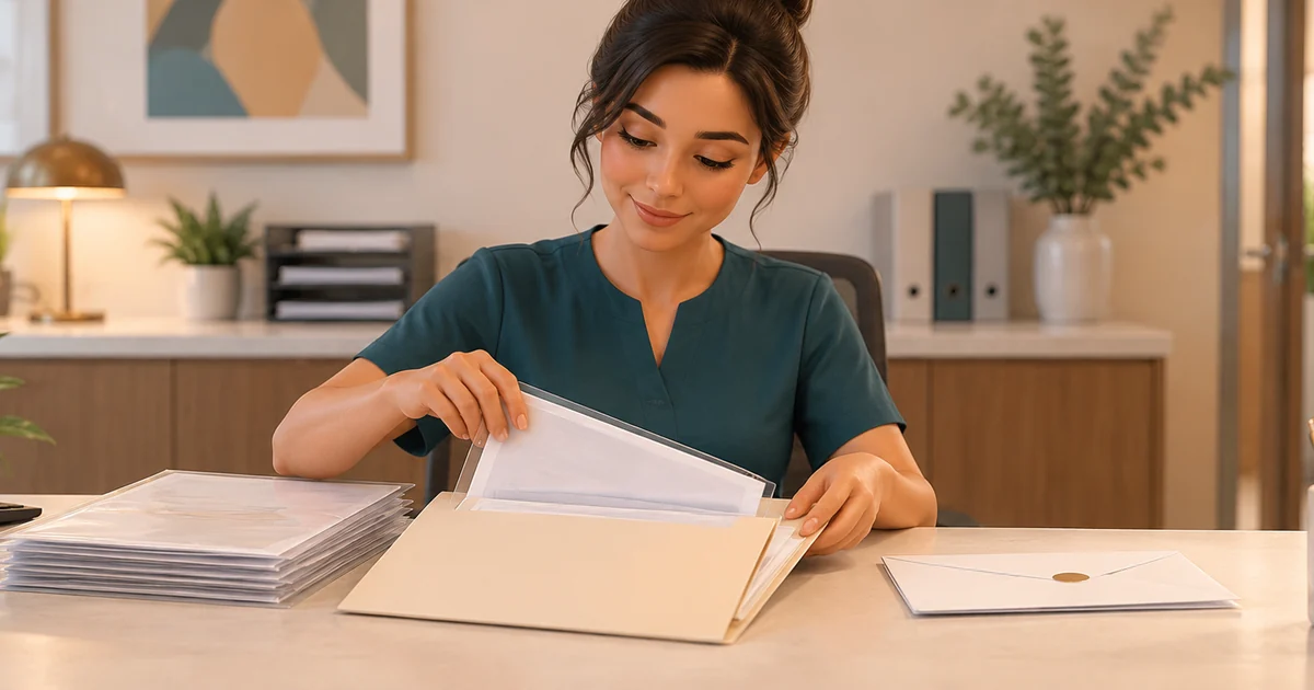 A front desk teammate aligns document sleeves and a secure envelope for a claim submission.