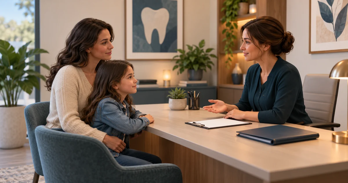A receptionist reviews a folder with a guardian and child at a private desk.