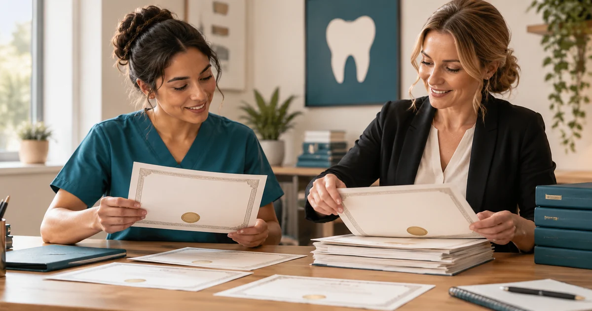 Two dental team members organize learning certificates and course folders in a study area.