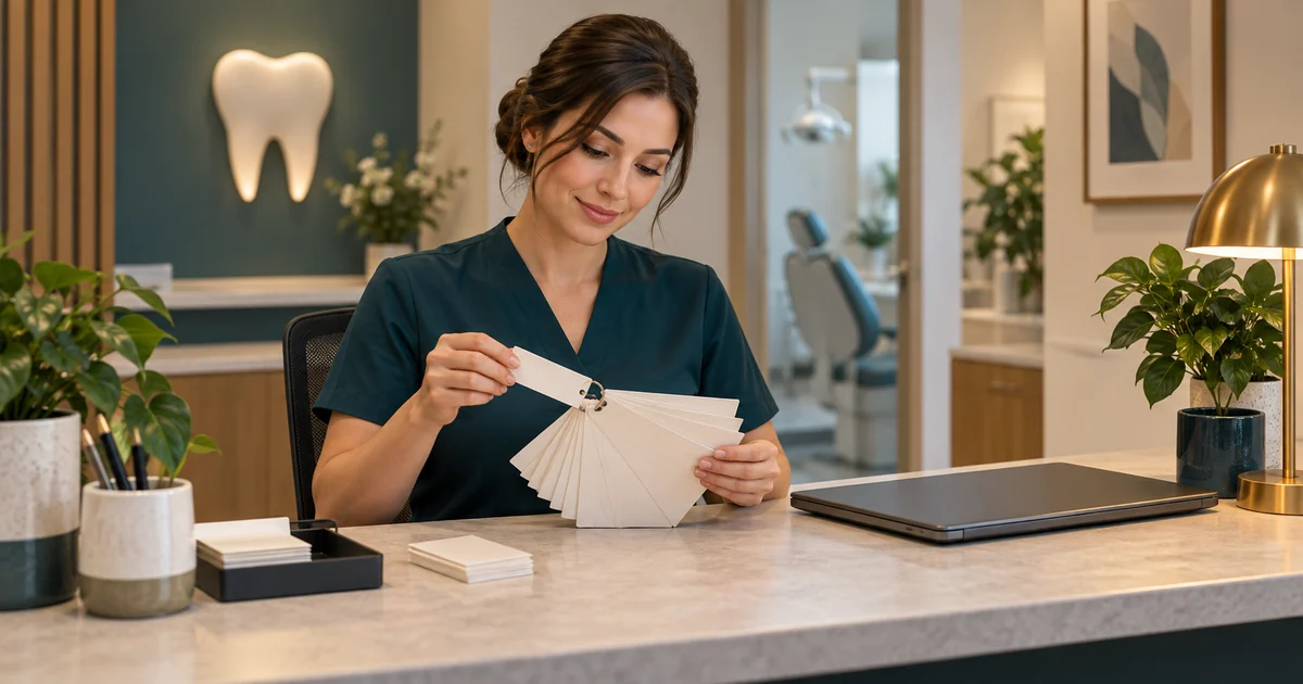 A receptionist compares blank slips joined by a ring beside a closed laptop.