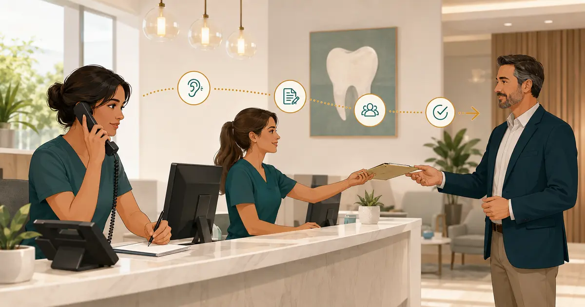 Dental front desk employee listens, documents a caller's concern, and hands the request to the designated office leader.
