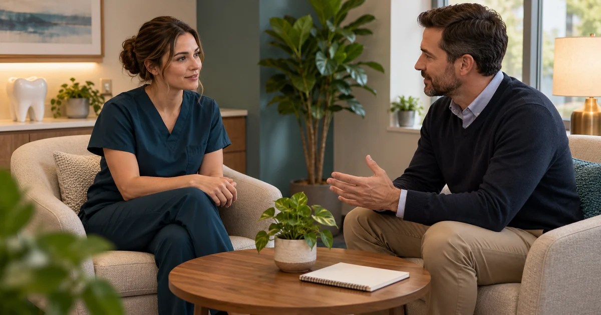 Two colleagues discuss departure feedback in a quiet office seating area.