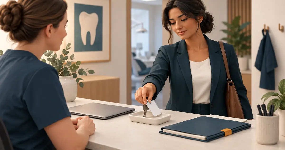 An office manager collects a key and access card beside a closed laptop and an orderly handoff folder.