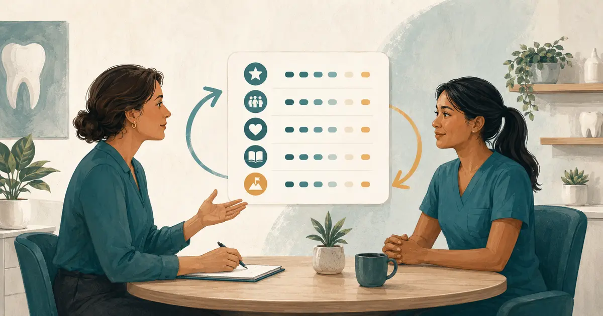 Dental office manager and team member discuss a structured performance review with goals, evidence, and follow-up dates.