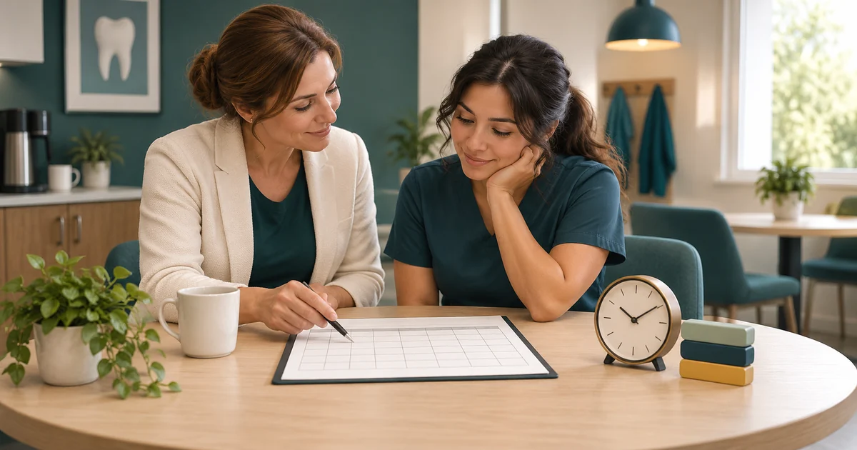 A manager and employee review a time log beside a clock and shift blocks.