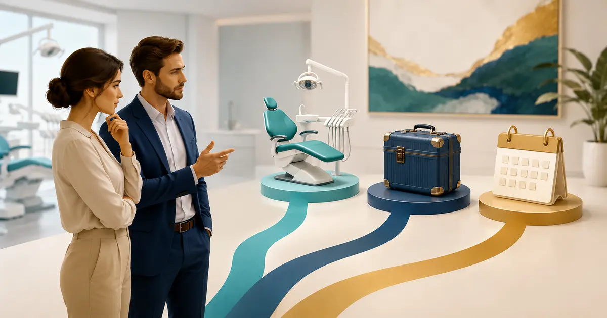 Future dental practice owner compares a loan proposal and lease terms beside an equipment life-cycle plan.