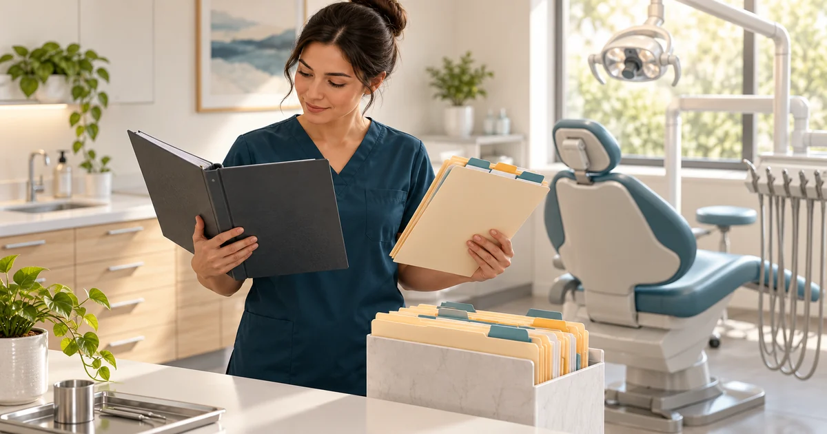 A manager reviews maintenance folders beside an unoccupied dental chair.