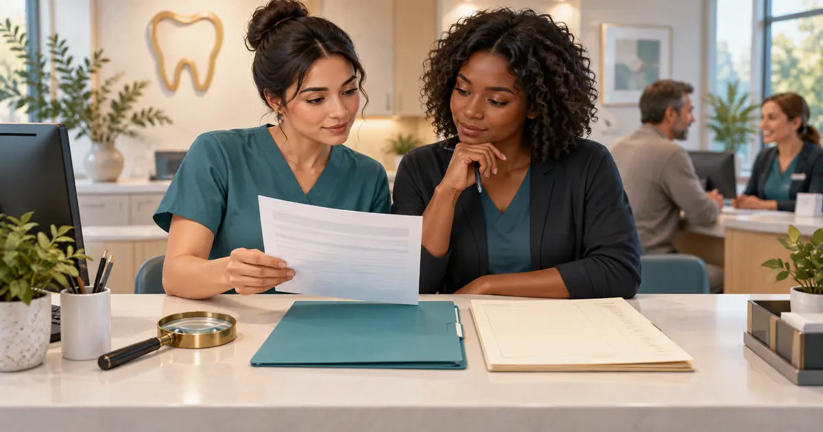 A front desk employee compares an insurer explanation, a claim folder and a patient ledger.