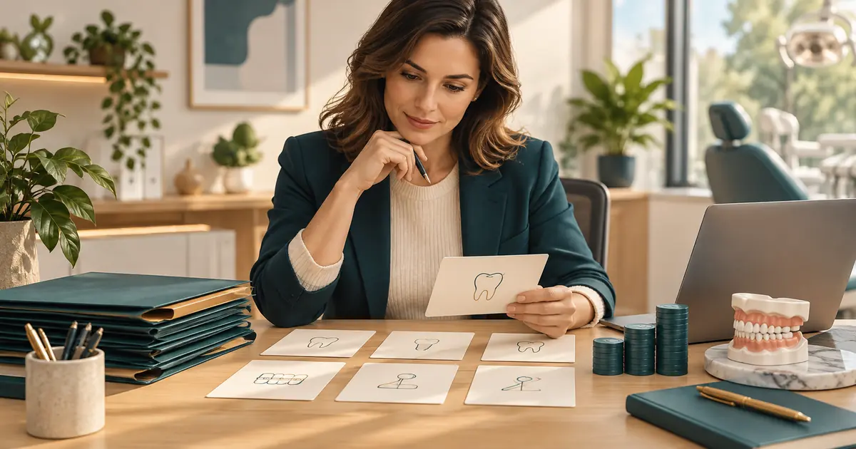 An owner reviews a blank service catalog with cost records and a dental model.