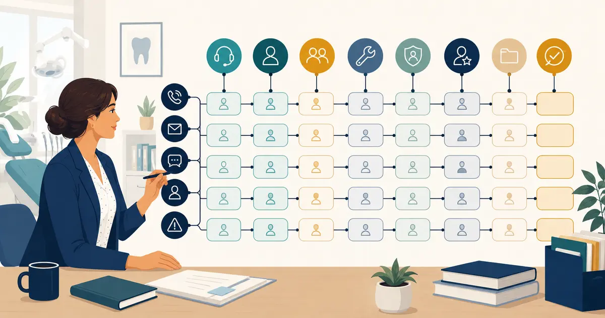 Dental office manager reviews an escalation matrix linking front desk scenarios to safe first actions, decision owners, backups, and response times.