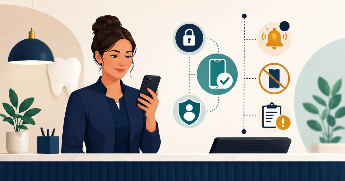 Dental front desk employee checks approved-app, screen-lock, notification, storage, and loss-reporting controls on a personal phone.