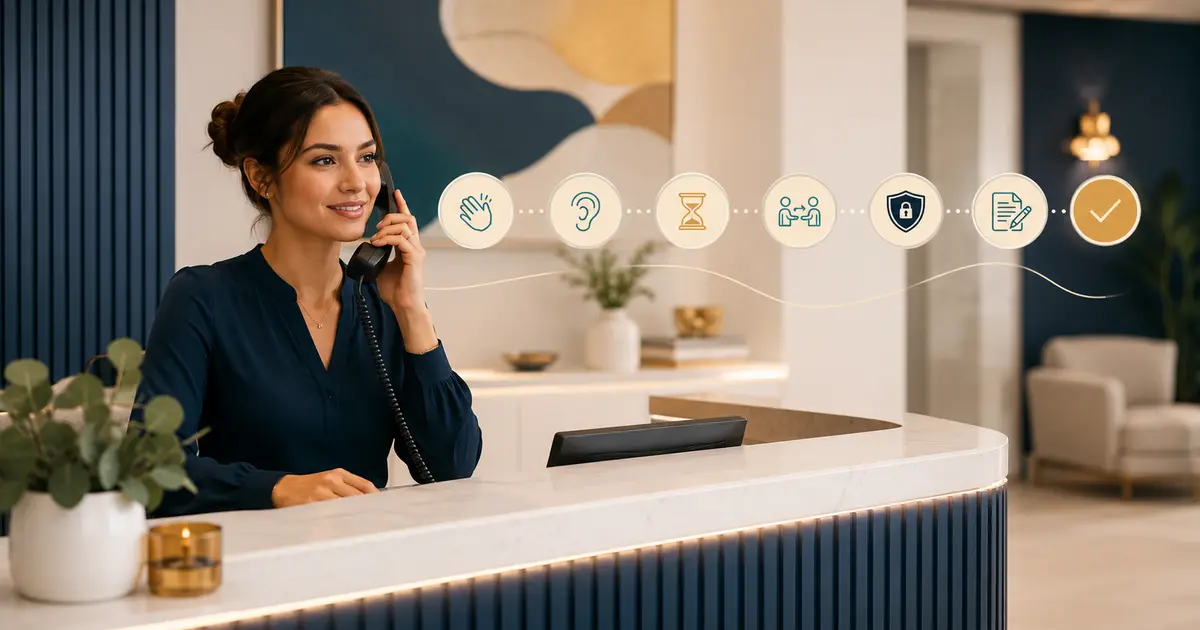 Dental receptionist follows a phone etiquette checklist from greeting and listening through hold, handoff, documentation, and closing.