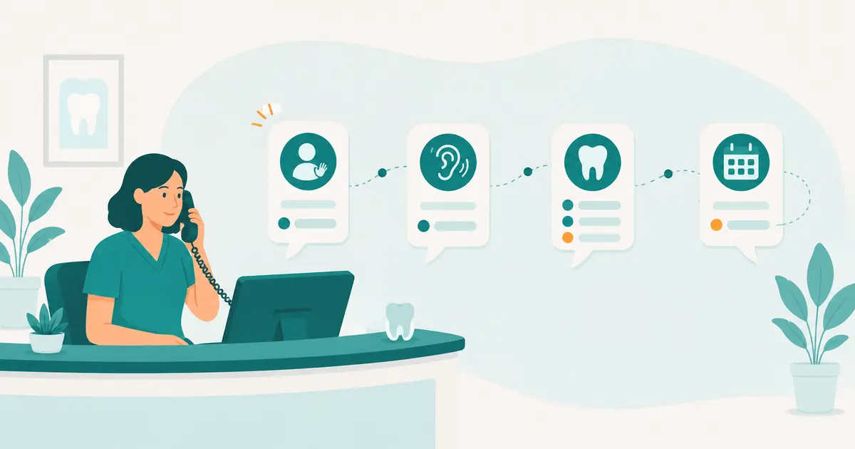Illustration of a dental receptionist using a structured four-step phone conversation at the front desk.
