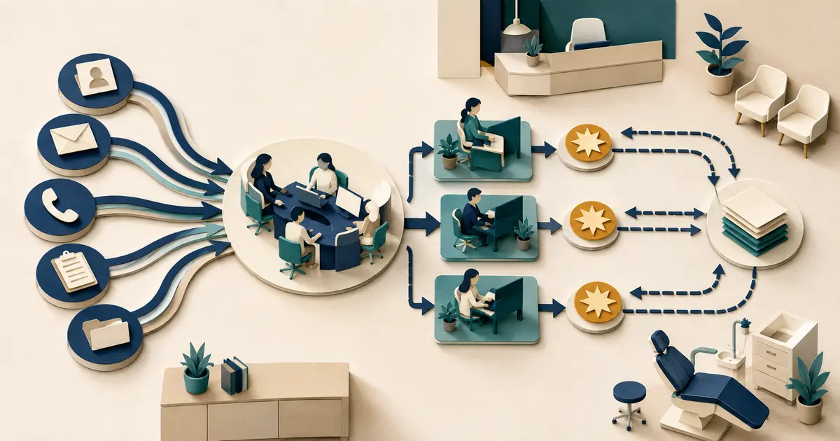 Dental office manager maps front desk demand, interruptions, handoffs, rework, protected work blocks, and service tradeoffs across a measured week.